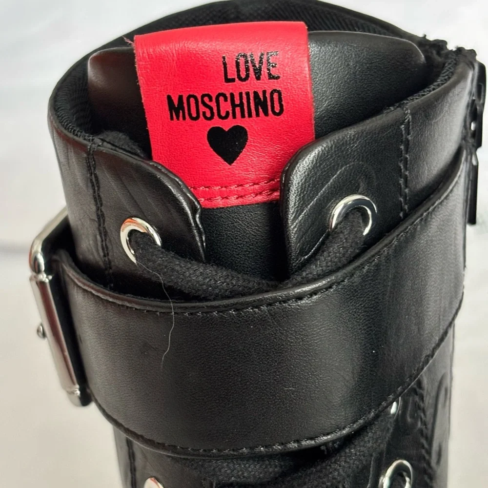 LOVE MOSCHINO Black Leather Moto Biker Boots--NEW--7 - Picture 4 of 15